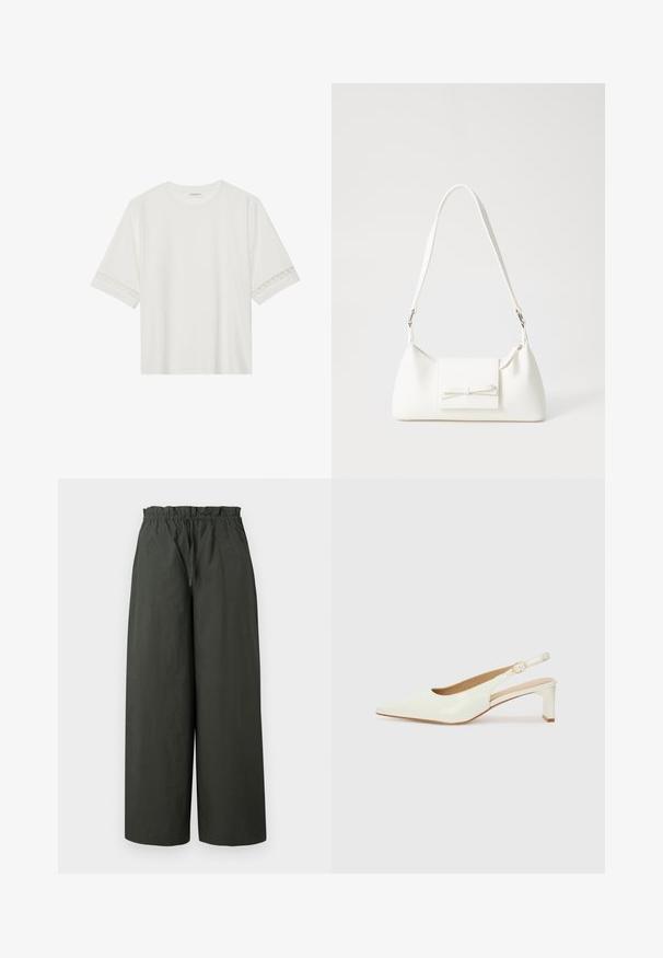 Hvit t-skjorte med kort erme laget av bomull, med dekorativ blondekant langs ermene og en rund halslinning.; Vide bukser i mørkegrønt stof med elastisk talje og glat tekstur, uden synlige detaljer eller mønstre.; Hvit patentlær slingback-sko med spiss tå og lav blokkheel. Har en diskret stropp med detalj i gulltone.; Hvit syntetisk håndveske med trekantet form, flat klaff foran og sløyfe detaljer, justerbar stropp, glatt tekstur og minimalistisk design.