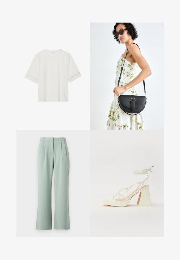 Tricou alb cu mânecă scurtă, confecționat din bumbac, cu dantelă decorativă pe marginea mânecilor și un guler rotund.; Pantaloni evazați verde deschis, cu pliuri, având o textură fină și un brâu tradițional. Materialul pare ușor și moale.; Sandale albe cu toc înalt și gros, cu un design cu curele și legătură la gleznă. Textură netedă, cu o platformă frontală pentru înălțime suplimentară.; Geantă din piele neagră, cu o formă curbată, curea detașabilă și accesorii aurii. Geanta are un capac cu un detaliu tip cataramă.