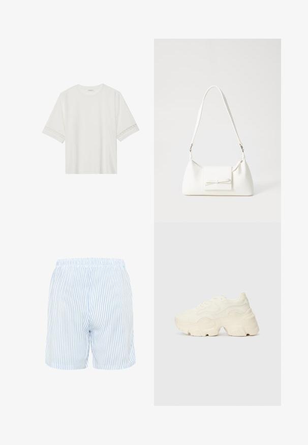 Balta īsām piedurknēm T-kreklu, izgatavotu no kokvilnas, ar dekoratīvu mežģīņu apdari ap piedurknēm un apaļu kakla izgriezumu.; Svītraini šorti gaiši zilā un baltā krāsā, izgatavoti no austas auduma. Iezīme elastīga josta un brīva piegriezuma, ar sānu kabatām.; Masīvi balti sportisti, kas izgatavoti no strukturēta sieta un sintētiskajiem materiāliem, ar biezu zoli un sarežģītām rakstu detaļām gar sāniem.; Balta sintētiska soma ar trīsstūrveida formu, plakanu priekšējo vāciņu un loku detaļu, regulējamu siksnu, gludu tekstūru un minimālistisku dizainu.