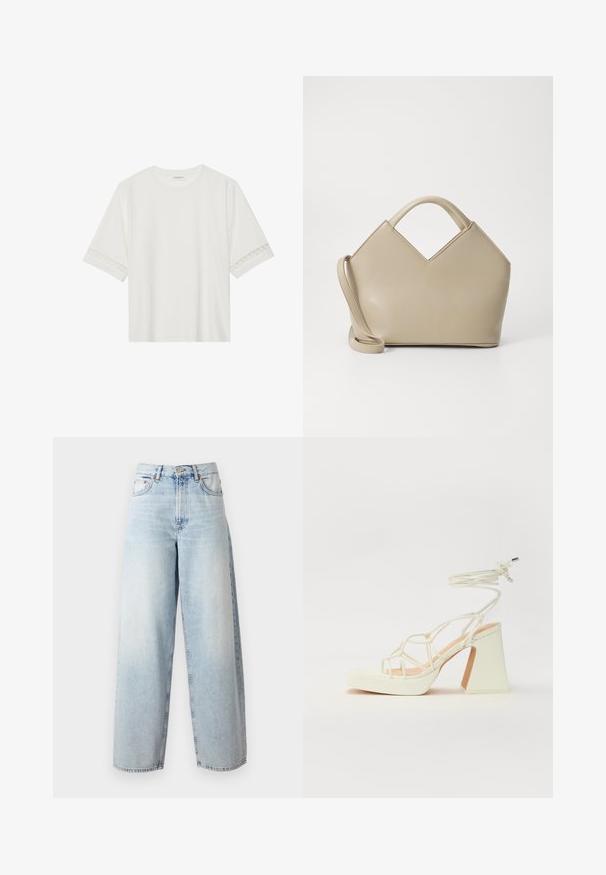 Fehér, rövid ujjas póló, pamutból készült, díszes csipkés szegéllyel az ujjak mentén és kerek nyakkivágással.; Samsøe Samsøe HARPER - Széles szárú - frozen snow; Fehér, magassarkú szandál vastag sarokkal, pántos dizájnnal és bokapánttal. Sima textúra, elülső platformmal a megnövelt magasság érdekében.; Beige struktúrált kézitáska V-alakú tetejével, sima bőr anyaggal, rövid fogantyúkkal és hosszú állítható pánttal. Minimál stílusú design.