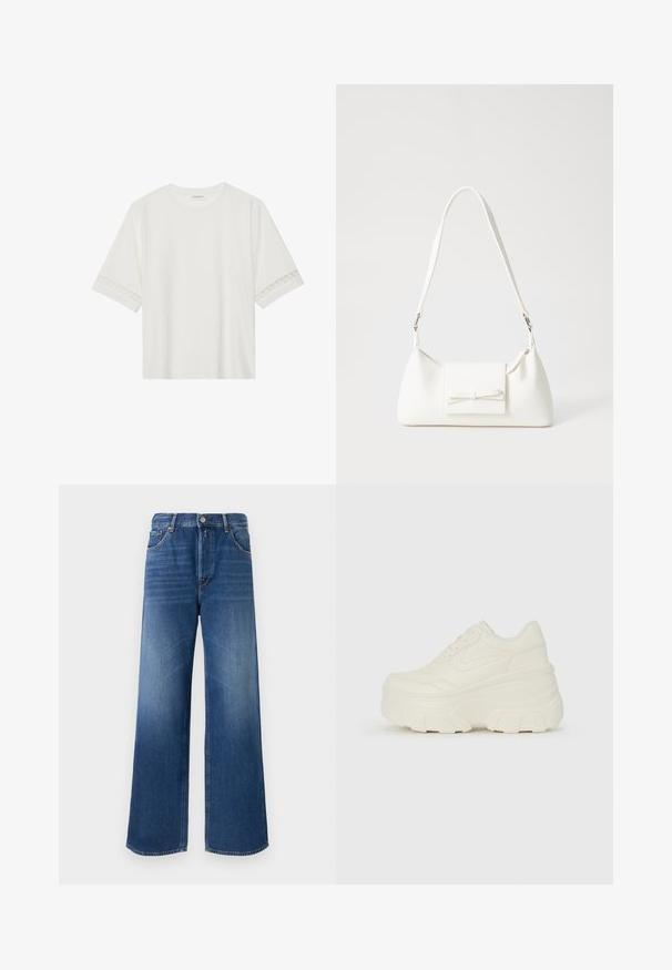 Valkoinen lyhythihainen t-paita, joka on valmistettu puuvillasta ja jossa on koristeellinen pitsireunus hihojen ympärillä sekä pyöreä pääntie.; Laigentlegged denimhousut keskmises sinises toonis, viie taskuga disainiga, nööbiga kinnitamine ja õrn tuhmumine reites tekstuuri loomiseks.; Valkoiset tasapohjakengät, joissa on sileä nahkamainen päällinen, pyöristetty muoto, pehmustettu nilkkaosa ja texturoitu kumipohja, jossa on hyvin määritellyt urat.; Valkoinen synteettinen käsilaukku, jossa on kolmikulmainen muoto, tasainen etu läppä ja nauhadetail, säädettävä olkahihna, sileä rakenne ja minimalinen muotoilu.