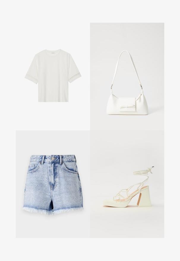 Valkoinen lyhythihainen t-paita, joka on valmistettu puuvillasta ja jossa on koristeellinen pitsireunus hihojen ympärillä sekä pyöreä pääntie.; Vaaleansiniset farkkushortsit, joissa on risat helmareunat. Sisältää hopeiset niittikoristeet tähtisateen muodoissa ja perinteisen viiden taskun suunnittelun.; Valkoinen korkokenkä, jossa on paksu korko, ja joka sisältää nauhakiinnityksen ja nilkkaketjun. Sujuva pinta, jossa on platform-etupohja lisäkorkeutta varten.; Valkoinen synteettinen käsilaukku, jossa on kolmikulmainen muoto, tasainen etu läppä ja nauhadetail, säädettävä olkahihna, sileä rakenne ja minimalinen muotoilu.