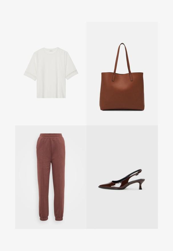 Biele tričko s krátkym rukávom vyrobené z bavlny, s dekoratívnym čipkovým lemovaním pozdĺž rukávov a okrúhlym výstrihom.; Hnedé jogger nohavice s elastickým pásom, rebrovanými manžetami, hladkou textúrou a predným švom. Vhodné na voľný čas.; Hnedá lakovaná slingback obuv s špicatou špičkou a mierne vysokým opätkom. Obsahuje pracku pre bezpečné upevnenie. Hladká textúra.; Hnedá kožená taška na rameno s hladkou textúrou, otvoreným vrchom a dvoma ramenými popruhmi. Má minimálne šitia a žiadne viditeľné kovania.