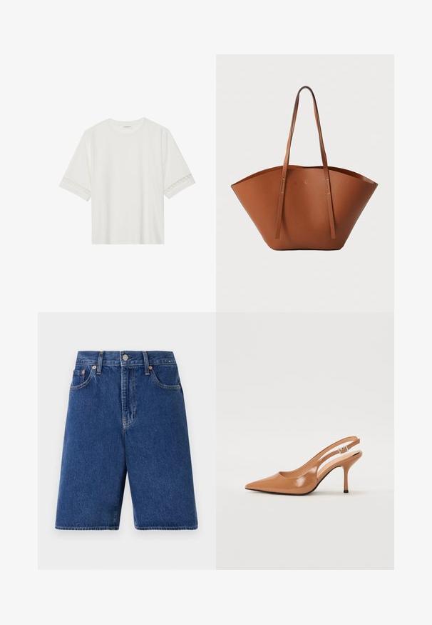 Witte korte mouwen t-shirt van katoen, met een decoratieve kantafwerking langs de mouwen en een ronde halslijn.; Donkerblauwe denim shorts met een klassieke pasvorm, vijf-pocket ontwerp en oranje stiksel. Afgewerkt met een knoop en rits aan de voorkant.; Puntige slingback hak in een glad, glanzend beige materiaal. Bevat een gebogen uitsnijdontwerp en een slanke stiletto hak. Zilveren gesp detail.; Bruine lederen totebag met een brede, gestructureerde vorm, dunne handvatten en een gestructureerde afwerking. Kenmerkt zich door een minimalistisch ontwerp zonder zichtbare hardware.