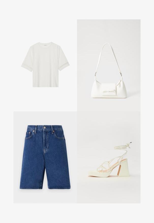 T-shirt blanc à manches courtes en coton, avec des bordures en dentelle décoratives le long des manches et un col rond.; Shorts en denim bleu foncé avec une coupe classique, design à cinq poches et surpiqûres orange. Finition avec un bouton frontal et une fermeture éclair.; Sandale blanche à talons hauts avec un talon épais, présentant un design à lanières et un lien autour de la cheville. Texture lisse avec une plateforme à l'avant pour une hauteur supplémentaire.; Sac à main synthétique blanc en forme triangulaire, avec un rabat avant plat et un détail en nœud, une bandoulière ajustable, une texture lisse et un design minimaliste.