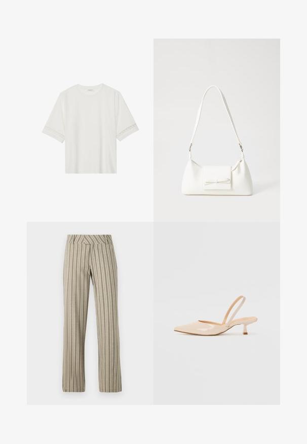 T-shirt branco de manga curta feito de algodão, com bainha de renda decorativa nas mangas e decote redondo.; Calças largas listradas em bege, feitas de um tecido leve, com cintura alta e um corte reto, apresentando bolsos laterais.; Saltos slingback em couro sintético bege com bico apontado e um salto quadrado fino. Textura suave e design minimalista sem embellishments.; Mala sintética branca com formato triangular, aba frontal plana e detalhe de laço, alça ajustável, textura suave e design minimalista.
