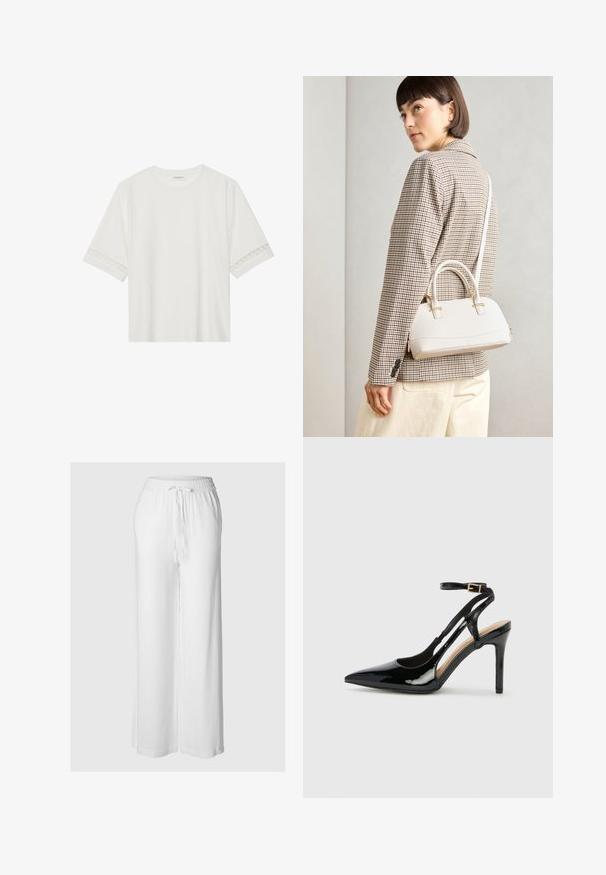 Fehér, rövid ujjas póló, pamutból készült, díszes csipkés szegéllyel az ujjak mentén és kerek nyakkivágással.; Fehér, széles szárú nadrág könnyű anyagból, rugalmas derékkal és zsinórral, sima textúrával.; Fekete lakkbőr magassarkú, slingback cipő, hegyes orral, állítható bokapánttal és nyitott oldalakkal. Simító felület.; Fehér, strukturált kézitáska rövid füllel és vállpánttal, arany színű fém kiegészítőkkel és texturált anyagból, szürke háttér előtt bemutatva.