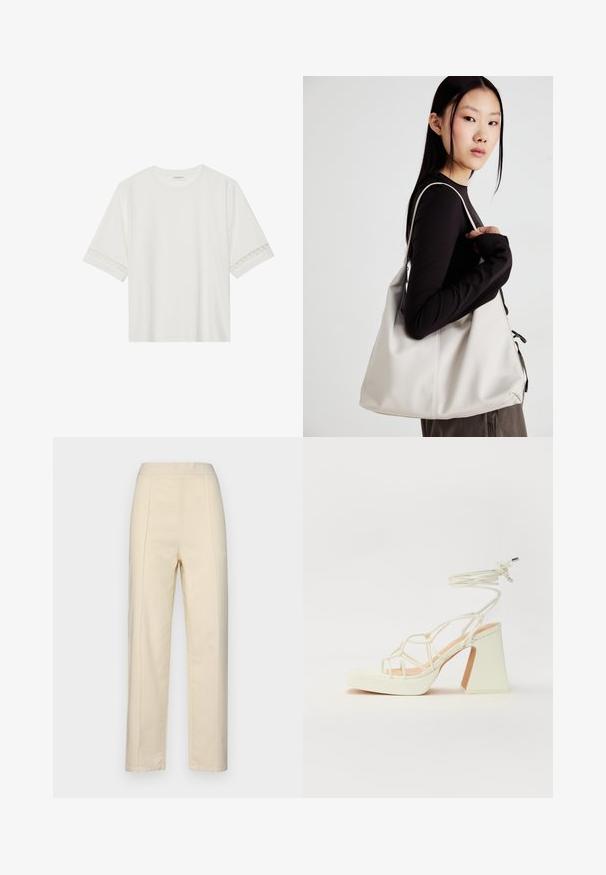 T-shirt branco de manga curta feito de algodão, com bainha de renda decorativa nas mangas e decote redondo.; Calças de perna reta, na cor creme, feitas de algodão, com pregas frontais, uma textura suave e uma cintura sem hardware visível.; Sandálias brancas de salto alto com um salto robusto, apresentando um design com tiras e amarração no tornozelo. Textura suave com uma plataforma na frente para altura adicional.; Uma bolsa bege feita de material macio, com um design descontraído, detalhes de costura e duas alças para o ombro. Adequada para uso diário.