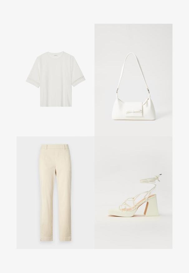 T-shirt bianco a maniche corte in cotone, con bordi in pizzo decorativi lungo le maniche e scollo rotondo.; Pantaloni in cotone beige con design a gamba dritta, parte frontale piatta e dettagli delle cuciture discreti. Nessuna tasca o hardware visibile.; Sandalo bianco con tacco alto, caratterizzato da un design a cinturini e un legaccio alla caviglia. Texture liscia con una piattaforma frontale per un'altezza aggiuntiva.; Borsa sintetica bianca a forma triangolare, con patta anteriore piatta e dettaglio a fiocco, tracolla regolabile, texture liscia e design minimalista.