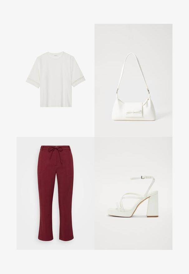 White short-sleeve t-shirt made from cotton, featuring decorative lace trim along the sleeves and a round neckline.; Burgundy pants made from a textured fabric, featuring a drawstring waistband and a straight cut. No pockets or visible hardware.; White platform sandals with thick block heel, featuring multiple thin straps and an adjustable ankle strap. Smooth synthetic material.; White synthetic handbag with a triangular shape, flat front flap and bow detail, adjustable strap, smooth texture, and minimalistic design.