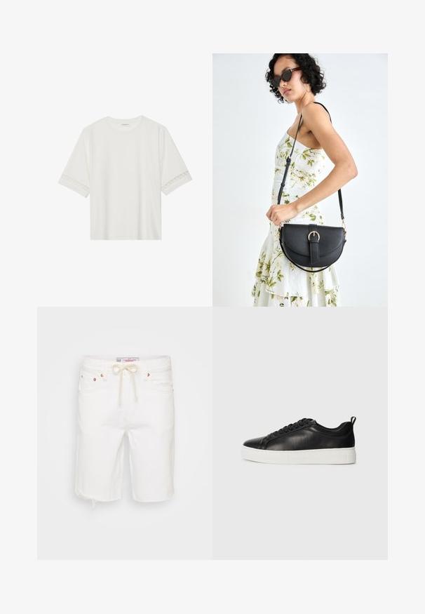 Hvit t-skjorte med kort erme laget av bomull, med dekorativ blondekant langs ermene og en rund halslinning.; Hvite denimshorts med frynsete kant, med strikk i livet, fem lommer og detaljer i kobberfarge.; Svart lavt skinnsneaker med svarte lisser og tykk hvit gummisåle, sett fra utsiden på en hvit bakgrunn.; Svart lærveske med en buet form, avtagbar stropp og gullbeslag. Vesken har et klaff med spenne-detall.