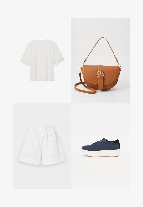 Balta trumpomis rankovėmis marškinėliai, pagaminti iš medvilnės, su dekoratyviais nėriniais aplink rankoves ir apvaliu kaklu.; Balti, medvilniniai šortai su elastine juostos juosta, dviem šoninėmis kišenėmis ir sulankstytais rankogaliais. Plisuotas dizainas suteikia tekstūrą ir dimensiją.; Tamsiai mėlynas sportinis batelis su tekstūruotu audiniu viršuje, baltu platformos padu, apvaliu pirštu ir juodu kulno akcentu.š. Yra šešios skylės raišteliams.; Ruda odinė kryžminė rankinė, turinti kreivą formą, auksinius metalinius elementus ir sagtį. Yra nuimama petneša.