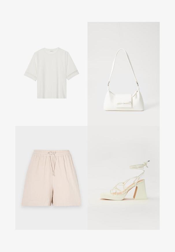 T-shirt branco de manga curta feito de algodão, com bainha de renda decorativa nas mangas e decote redondo.; Bermudas bege com uma cintura elástica e cordão. Feitas de tecido leve, com uma superfície texturizada e um ajuste solto.; Sandálias brancas de salto alto com um salto robusto, apresentando um design com tiras e amarração no tornozelo. Textura suave com uma plataforma na frente para altura adicional.; Mala sintética branca com formato triangular, aba frontal plana e detalhe de laço, alça ajustável, textura suave e design minimalista.
