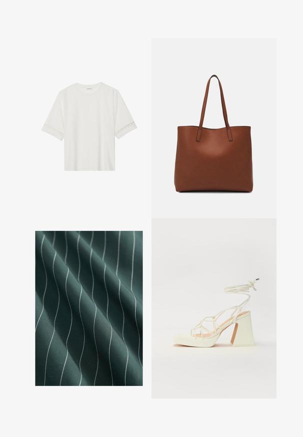 Hvid kortærmet t-shirt lavet af bomuld, med dekorativ blondekant langs ærmerne og en rund halsudskæring.; Mørkegrønt stof med en glat tekstur, der har hvide bølgede striber, som løber lodret og skaber et subtilt mønster.; Hvide højhælede sandaler med en kraftig hæl, der har et stropdesign og ankelbinding. Glat tekstur med en platform foran for ekstra højde.; Brun læder tote taske med en glat overflade, åben topdesign og to skulderremme. Har minimal syning og ingen synlig hardware.