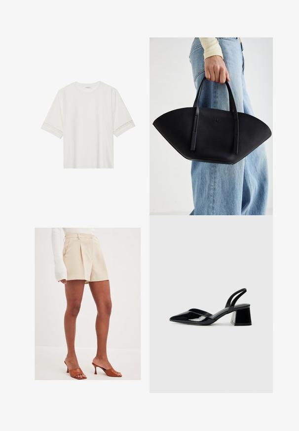 Bela kratka majica s kratkimi rokavi iz bombaža, okrašena z dekorativnim čipkastim robom ob rokavih in okroglo izrezom.; Bež šortse prilagojene kroja z naborki in stranskimi žepi, izdelane iz lahkotnega materiala. V kombinaciji z rjavimi sandalnimi petami z odprtim nosom.; Črne lakirane slingback pete s koničastim nosom in geometrijsko blokasto peto. Imajo eleganten, minimalističen dizajn in gladko teksturo.; Črna usnjena torbica z edinstveno obliko ventilatorja, z ravnimi ročaji. Površina ima teksturo z drobnimi kamni in minimalističen dizajn.