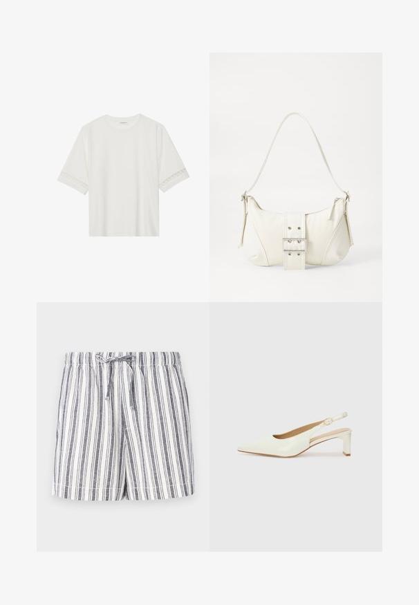 Weißes T-Shirt mit kurzen Ärmeln aus Baumwolle, mit dekorativem Spitzenbesatz entlang der Ärmel und einem runden Ausschnitt.; Gestreifte Shorts in Weiß und Marineblau, mit einem Kordelzugbund, einem lockeren Schnitt und einem weichen, leichten Stoff. Glatte Textur und lässiges Design.; Weiße Lackleder-Slingback-Schuhe mit spitzem Zehenbereich und niedrigem Blockabsatz. Mit einem dezenten Riemen und einer Schnalle in goldfarbener Optik.; Weiße Schultertasche mit texturierter Oberfläche, zentralem Schnallenakzent und geschwungener Form. Reißverschluss an beiden Seiten.