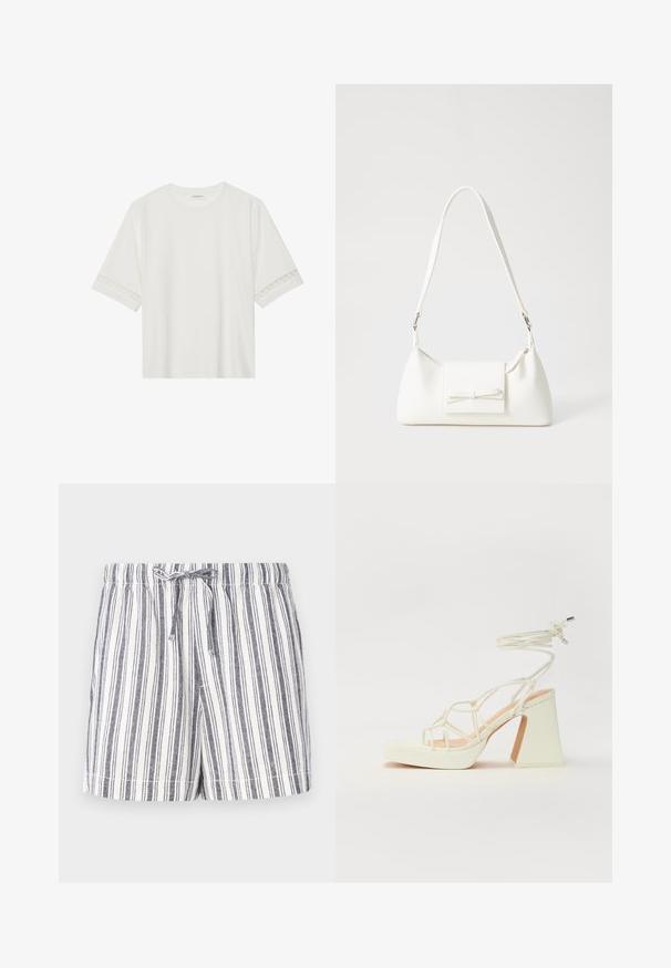 T-shirt blanc à manches courtes en coton, avec des bordures en dentelle décoratives le long des manches et un col rond.; Shorts rayés blancs et navy, avec une taille à cordon, une coupe décontractée et un tissu doux et léger. Texture lisse et design décontracté.; Sandale blanche à talons hauts avec un talon épais, présentant un design à lanières et un lien autour de la cheville. Texture lisse avec une plateforme à l'avant pour une hauteur supplémentaire.; Sac à main synthétique blanc en forme triangulaire, avec un rabat avant plat et un détail en nœud, une bandoulière ajustable, une texture lisse et un design minimaliste.