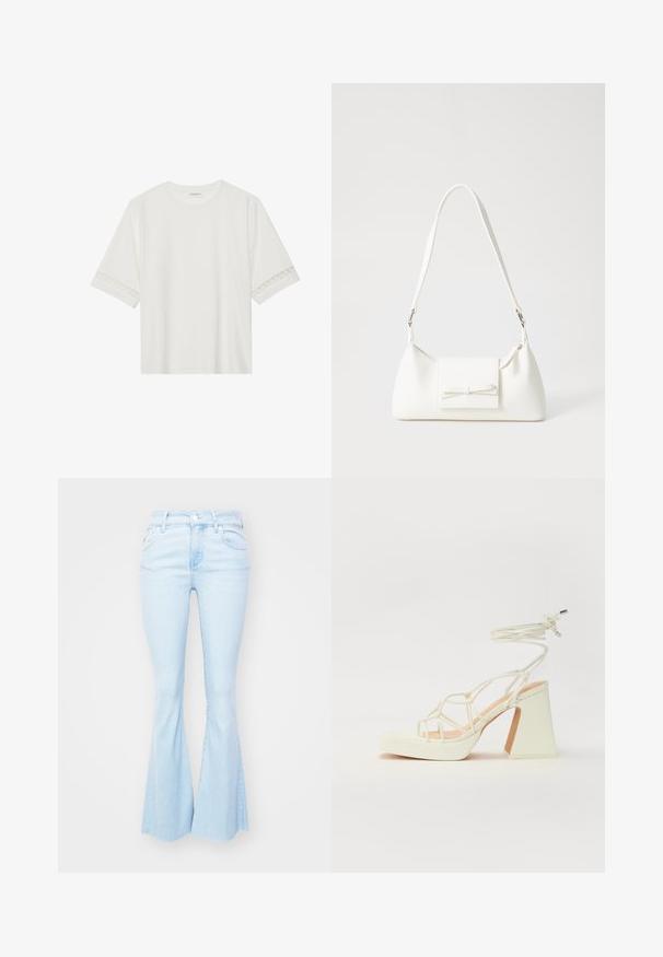 Valkoinen lyhythihainen t-paita, joka on valmistettu puuvillasta ja jossa on koristeellinen pitsireunus hihojen ympärillä sekä pyöreä pääntie.; Vaaleansiniset farkut korkealla vyötäröllä ja levenevillä lahkeilla, joissa on etutaskut ja nappikiinnitys.; Valkoinen korkokenkä, jossa on paksu korko, ja joka sisältää nauhakiinnityksen ja nilkkaketjun. Sujuva pinta, jossa on platform-etupohja lisäkorkeutta varten.; Valkoinen synteettinen käsilaukku, jossa on kolmikulmainen muoto, tasainen etu läppä ja nauhadetail, säädettävä olkahihna, sileä rakenne ja minimalinen muotoilu.