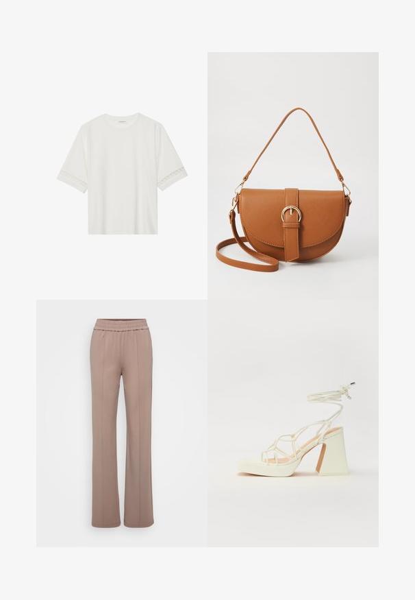 Biała, krótka koszulka z bawełny z dekoracyjnym koronkowym wykończeniem przy rękawach i okrągłym dekoltem.; Spodnie wykonane z miękkiego, jasnobrązowego materiału z szerokimi nogawkami. Posiadają elastyczny pas oraz dwie linie z przodu.; Biała sandał na wysokim obcasie z masywnym słupkiem, z paskowym wzorem i wiązaniem przy kostce. Gładka faktura z platformą z przodu dla dodatkowej wysokości.; Brązowa skórzana torba na ramię o zaokrąglonym kształcie, ze złotymi akcentami i zapięciem w formie klamry. Posiada odpinany pasek na ramię.
