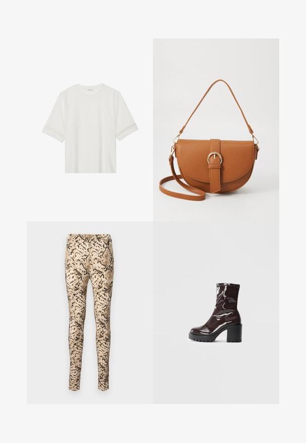 Bjela majica kratkih rukava od pamuka, s dekorativnom čipkastom obrubom duž rukava i okruglim izrezom.; Leggingse s uzorkom zmije u bež i crnoj boji s prilagođenim dizajnom, s glatkom teksturom i rastezljivim pojasom za udobnost.; Sjajna burgundska čizma do gležnja s debelim crnim potplatom, koja se odlikuje glatkom teksturom i jednostavnim dizajnom. Nema vidljivih kopčanja ili uzoraka.; Smeđa kožna torba preko tijela s zakrivljenim oblikom, zlatnim metalnim detaljima i naglaskom na kopču. Ima odvojivu naramenicu.
