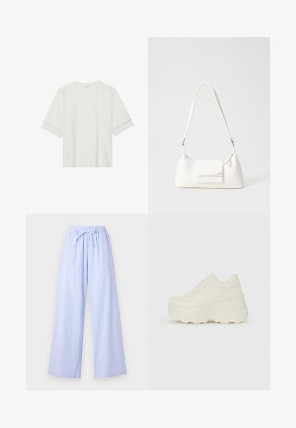 Weißes T-Shirt mit kurzen Ärmeln aus Baumwolle, mit dekorativem Spitzenbesatz entlang der Ärmel und einem runden Ausschnitt.; Hellblaue gestreifte weite Hose mit elastischem Bund und verstellbarem Bindeband. Aus einem weichen Stoff mit vertikalen Streifen für zusätzliche Textur.; Weiße Platform Sneakers mit einem glatten, lederähnlichen Obermaterial, abgerundeter Form, gepolstertem Kragen und strukturierten Gummisohlen mit ausgeprägten Stollen.; Weiße synthetische Handtasche in dreieckiger Form, flache Vorderklappe und Schleifendetail, verstellbarer Trageriemen, glatte Textur und minimalistisches Design.