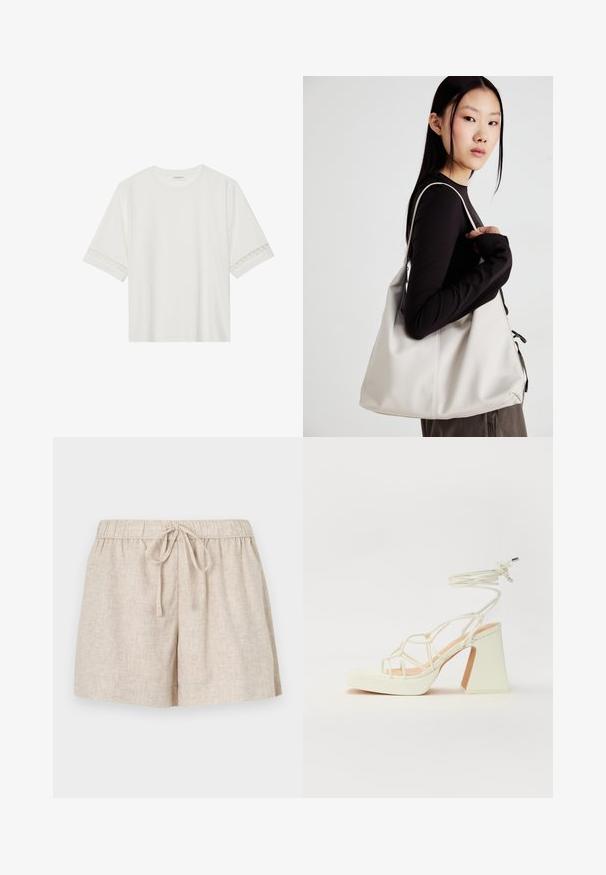 T-shirt blanc à manches courtes en coton, avec des bordures en dentelle décoratives le long des manches et un col rond.; Shorts en lin beige clair avec une taille élastique et un lien ajustable. Présente une coupe ample et une texture lisse.; Sandale blanche à talons hauts avec un talon épais, présentant un design à lanières et un lien autour de la cheville. Texture lisse avec une plateforme à l'avant pour une hauteur supplémentaire.; Sac à main beige en matériau souple, avec un design décontracté, des détails cousus et deux poignées. Idéal pour un usage quotidien.