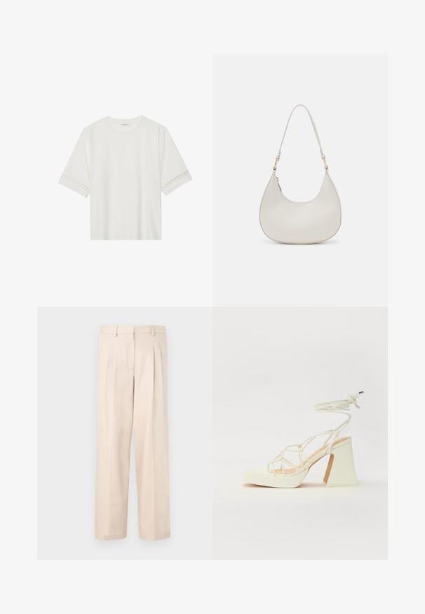 Weißes T-Shirt mit kurzen Ärmeln aus Baumwolle, mit dekorativem Spitzenbesatz entlang der Ärmel und einem runden Ausschnitt.; Beige Hose mit Falten, aus glattem Stoff gefertigt. Sie verfügt über einen Bund mit Gürtelschlaufen und hat ein gerades Bein-Design, keine sichtbaren Taschen.; Weiße High-Heel-Sandale mit einem klobigen Absatz, die über ein Riemchendesign und ein Knöchelband verfügt. Glatte Textur mit einer Plattform vorne für zusätzliche Höhe.; Cremfarbene Leder-Schultertasche mit einer Halbmondform, dünnem Schulterriemen und subtilen Stichdetails. Minimalistisches Design mit goldfarbenen Hardware-Akzenten.