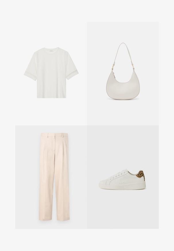 Weißes T-Shirt mit kurzen Ärmeln aus Baumwolle, mit dekorativem Spitzenbesatz entlang der Ärmel und einem runden Ausschnitt.; Beige Hose mit Falten, aus glattem Stoff gefertigt. Sie verfügt über einen Bund mit Gürtelschlaufen und hat ein gerades Bein-Design, keine sichtbaren Taschen.; Weiße Ledersneaker mit runder Zehenform, flacher Sohle und Schnürung. Mit einem Leopardenmuster-Akzent an der Ferse. Glatte Textur.; Cremfarbene Leder-Schultertasche mit einer Halbmondform, dünnem Schulterriemen und subtilen Stichdetails. Minimalistisches Design mit goldfarbenen Hardware-Akzenten.