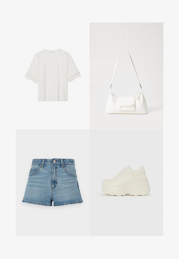 Hvit t-skjorte med kort erme laget av bomull, med dekorativ blondekant langs ermene og en rund halslinning.; Lys blå denimshorts med høy livlinje, frynset kant, kontraststing og frontlommer. Inkluderer en metallknapp og merkeetikett.; Hvite plattformsnickers med en glatt læraktig overdel, avrundet form, polstret krage og teksturert gummisåle med tydelige dekk.; Hvit syntetisk håndveske med trekantet form, flat klaff foran og sløyfe detaljer, justerbar stropp, glatt tekstur og minimalistisk design.