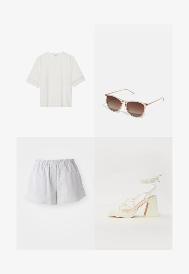 Camiseta blanca de manga corta hecha de algodón, con un ribete decorativo de encaje en las mangas y un escote redondo.; Pantalones cortos a rayas en algodón azul claro y blanco, con una cintura elástica y un ajuste relajado, con aberturas laterales para facilitar el movimiento.; Sandalia de tacón alto blanca con un tacón grueso, que presenta un diseño de tiras y un lazo en el tobillo. Textura suave con una plataforma en la parte delantera para mayor altura.; Gafas de sol con degradado marrón y un marco translúcido rosa, forma cuadrada y brazos de metal delgados. Presenta bordes redondeados y un diseño minimalista.; Pendientes de aro plateados con un diseño redondo y liso, y un acabado pulido. Son delgados y ligeros, y cuentan con un sencillo cierre de gancho.