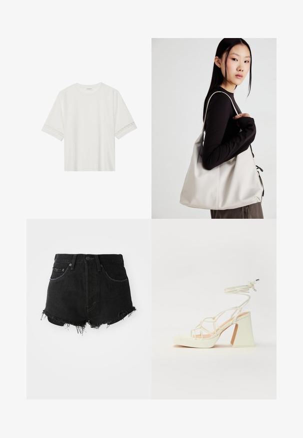 Bjela majica kratkih rukava od pamuka, s dekorativnom čipkastom obrubom duž rukava i okruglim izrezom.; Crne traper kratke hlače s razdrljenim rubom, klasičnog petodžepnog dizajna i metalnim kopčanjem. Imaju visok struk i istrošen izgled.; Bijela sandala na visokoj potpetici s debelim petom, s remenom i vezanjem oko gležnja. Glatka tekstura s platformom sprijeda za dodatnu visinu.; Bežna torba od mekog materijala s opuštenim dizajnom, šivanim detaljima i dva remena za rame. Pogodna za svakodnevnu upotrebu.