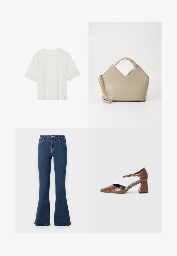 White short-sleeve t-shirt made from cotton, featuring decorative lace trim along the sleeves and a round neckline.; Flared jeans made of dark blue denim, featuring a button closure, five pockets, and contrast stitching. Smooth texture and wide leg design.; Brown patent leather pump with a square toe, textured croc pattern, ankle strap with gold buckle, and a chunky heel.; Beige structured handbag with a V-shaped top, smooth leather material, short handles, and a long adjustable strap. Minimalist design.