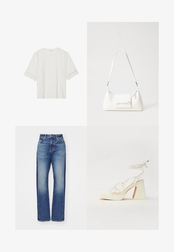 Bela kratka majica s kratkimi rokavi iz bombaža, okrašena z dekorativnim čipkastim robom ob rokavih in okroglo izrezom.; Visoke modre kavbojke z zbledelim videzom, ki imajo temne stranske panele in ravno obliko nog. Narejene so iz denima z običajnim šivanjem.; Bela sandala na visokih petah s debelim petam, ki ima obliko trakcev in vezanje okoli gležnja. Gladka tekstura z platformo spredaj za dodatno višino.; Bela sintetična torbica v obliki trikotnika, z ravnim sprednjim poklopcem in detajlom mašne, nastavljivim trakom, gladko teksturo in minimalističnim dizajnom.