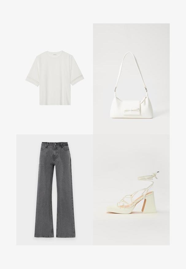 Bjela majica kratkih rukava od pamuka, s dekorativnom čipkastom obrubom duž rukava i okruglim izrezom.; Široke traperice od crnog denima s uzorkom bijelih točkica; sadrže klasičan dizajn s pet džepova i zatvaranje na dugme.; Bijela sandala na visokoj potpetici s debelim petom, s remenom i vezanjem oko gležnja. Glatka tekstura s platformom sprijeda za dodatnu visinu.; Bijela sintetička torbica s trokutastim oblikom, ravnim prednjim poklopcem i detaljem u obliku mašne, podesivom remenom, glatkom teksturom i minimalističkim dizajnom.