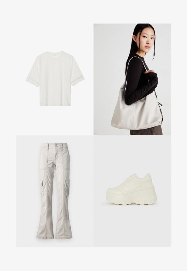 Biele tričko s krátkym rukávom vyrobené z bavlny, s dekoratívnym čipkovým lemovaním pozdĺž rukávov a okrúhlym výstrihom.; Svetlošedé cargo nohavice sú so širokým spodným okrajom, dvojitým zatváraním na gombíky, prednými a bočnými vreckami, vyrobené z hladkej, mierne textúrovanej látky.; Biele platformové tenisky s hladkým koženkovým svrchným materiálom, zaobleným tvarom, polstrovaným golierom a textúrovanou gumovou podrážkou s výrazným vzorom.; Béžová kabelka vyrobená z mäkkého materiálu, s uvoľneným dizajnom, prišitými detailmi a dvoma popruhmi na nosenie na pleciach. Vhodná na každodenné nosenie.