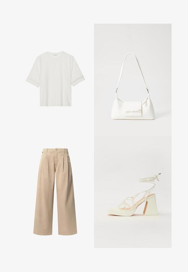 Bjela majica kratkih rukava od pamuka, s dekorativnom čipkastom obrubom duž rukava i okruglim izrezom.; Bež hlače širokih nogavica s dva prednja nabora, zatvaranjem na gumb i glatkom teksturom. Dizajnirane za udobnost i slobodan kroj.; Bijela sandala na visokoj potpetici s debelim petom, s remenom i vezanjem oko gležnja. Glatka tekstura s platformom sprijeda za dodatnu visinu.; Bijela sintetička torbica s trokutastim oblikom, ravnim prednjim poklopcem i detaljem u obliku mašne, podesivom remenom, glatkom teksturom i minimalističkim dizajnom.