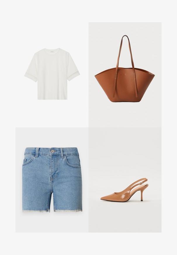 Vit kortärmad t-shirt i bomull, med dekorativa spetsdetaljer längs ärmarna och rund halsringning.; Denimshorts i ljusblått med fransad fåll, femficksdesign och bälteöglor. Knappt stängning i midjan.; Tåspets slingback-häl i ett slätt, glansigt brunt material. Har en kurvad utskärning och en smal stilettklack. Silverdetalj med spänne.; Brun läder tote-väska med en bred, strukturerad form, tunna handtag och en texturerad yta. Den har en minimalistisk design utan synlig hårdvara.