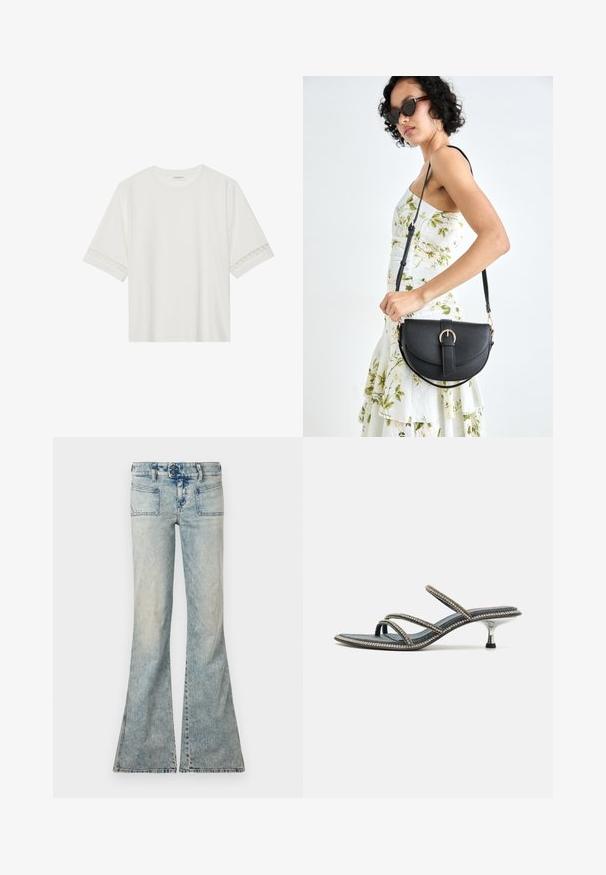 Bílé tričko s krátkým rukávem vyrobené z bavlny, s dekorativní krajkovou aplikací na rukávech a kulatým výstřihem.; Světle modré rozšířené džíny s vybledlým povrchem, které mají dvě přední kapsy, dvě zadní kapsy a zapínání na knoflíky.; Denimové sandály s třemi tenkými pásky zdobenými kamínky, špičatou špičkou a kovovým jehlovým podpatkem. Protiskluzová podešev.; Černá kožená kabelka s křivkovým tvarem, odnímatelným popruhem a zlatými detaily. Kabelka má klopu s přezkou.