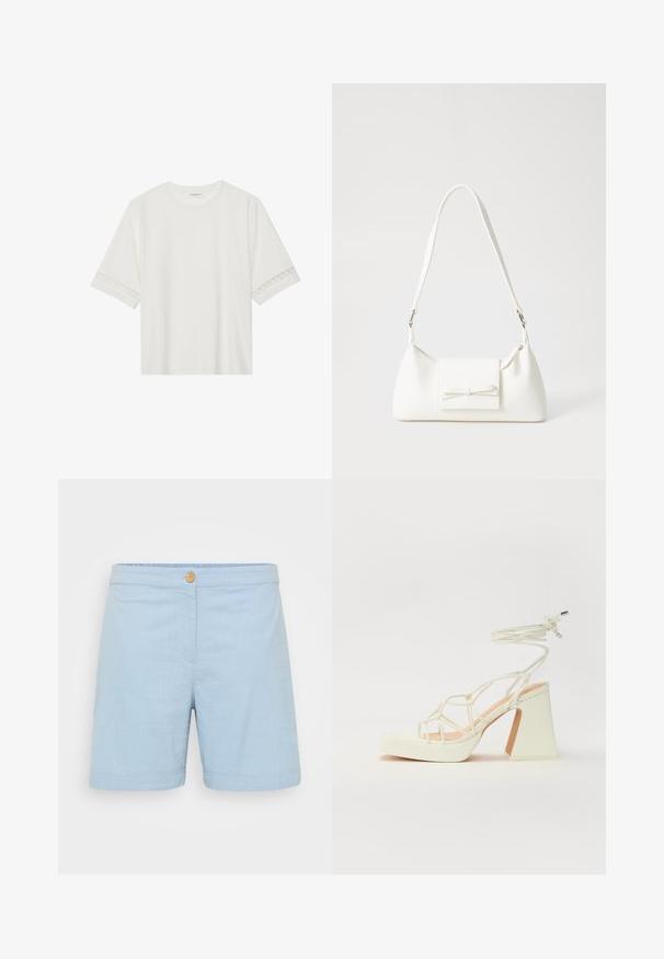 Tricou alb cu mânecă scurtă, confecționat din bumbac, cu dantelă decorativă pe marginea mânecilor și un guler rotund.; Shorts de culoare albastru deschis, confecționate dintr-un material moale, texturat. Au un singur nasture din lemn la talie și o margine răsucită.; Sandale albe cu toc înalt și gros, cu un design cu curele și legătură la gleznă. Textură netedă, cu o platformă frontală pentru înălțime suplimentară.; Geantă sintetică albă, cu formă triangulară, capac frontal plat și detaliu cu fundă, curea ajustabilă, textură netedă și design minimalist.