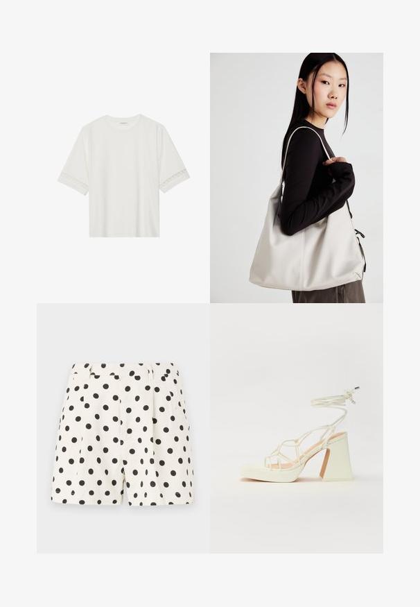 Valge lühikese varrukaga T-särk, mis on valmistatud puuvillast, kaunistatud pitsiga varrukate ääres ja ümmarguse kaelusega.; Valged linased lühikesed püksid mustade täppidega. Omavad voldikuid ja küljetaskuid. Istuvad hästi taljes ning on puhta viimistlusega.; Valged kõrge kontsaga sandaalid, millel on paks konts ja rihmadega disain koos pahkluu sidumisega. Sile tekstuur ja platvorm ees, et lisada kõrgust.; Bež käekott pehme materjali, millel on lõtv disain, õmblustega detailid ja kaks õlarihma. Sobib igapäevaseks kasutamiseks.