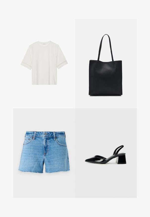 T-shirt bianco a maniche corte in cotone, con bordi in pizzo decorativi lungo le maniche e scollo rotondo.; Shorts in denim azzurro chiaro, con orlo grezzo, design a cinque tasche e chiusura con bottone in ottone. Texture liscia con leggera sbiaditura.; Décolleté in vernice nera con punta affusolata e tacco in geometria cubica. Presentano un design elegante e minimalista, con una texture liscia.; Borsa tote in pelle nera con texture liscia, forma rettangolare e due manici lunghi. Nessun hardware o decorazione visibile.