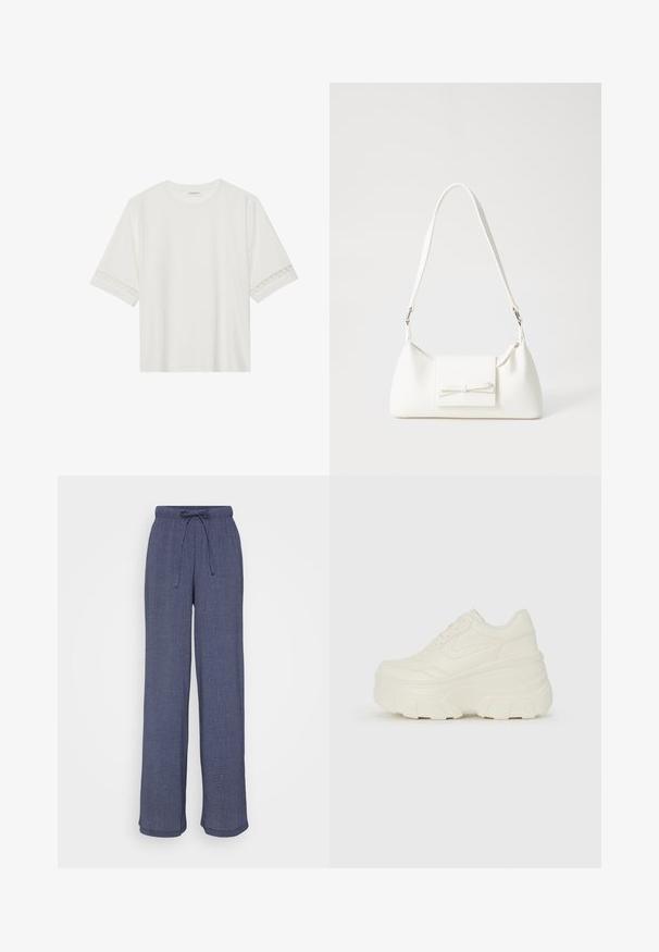 Witte korte mouwen t-shirt van katoen, met een decoratieve kantafwerking langs de mouwen en een ronde halslijn.; Marine brede pijpenbroek van gestructureerde stof, met een elastische tailleband met trekkoord en een relaxte pasvorm door de benen.; Witte platform sneakers met een gladde leren bovenkant, afgeronde vorm, gewatteerde kraag en een gestructureerde rubberen zool met duidelijke profiel.; Witte synthetische handtas met een driehoekige vorm, platte voorklep en strikdetail, verstelbare schouderriem, gladde textuur en minimalistisch ontwerp.