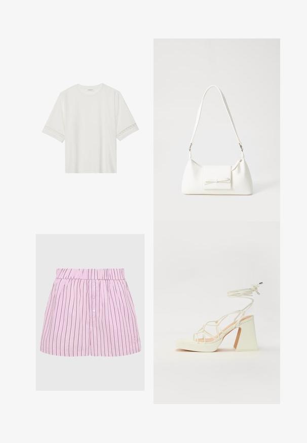 Balta īsām piedurknēm T-kreklu, izgatavotu no kokvilnas, ar dekoratīvu mežģīņu apdari ap piedurknēm un apaļu kakla izgriezumu.; Rozā svītrainās šortos ar elastīgu jostu, pogu aizdari un vertikālām tumši ziliem svītrām, ar nelielu logotipa detaļu uz apakšmalas.; Baltas augstpapēžu sandales ar masīvu papēdi, ar siksnu dizainu un potītes saistītiem elementiem. Gluda tekstūra ar platformu priekšpusē, lai nodrošinātu papildu augstumu.; Balta sintētiska soma ar trīsstūrveida formu, plakanu priekšējo vāciņu un loku detaļu, regulējamu siksnu, gludu tekstūru un minimālistisku dizainu.