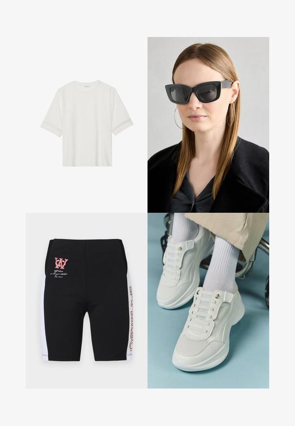 Balta trumpomis rankovėmis marškinėliai, pagaminti iš medvilnės, su dekoratyviais nėriniais aplink rankoves ir apvaliu kaklu.; Juoda sportinė šortai su baltais šoniniais dėmėmis, ant priekinės pusės yra rožinės spalvos logotipas ir tekstas. Pagaminti iš elastingos medžiagos, skirti komfortui.; Baltos sportbačiai su tinklelio medžiaga, guminiais padais, be raištelių dizainu su elastinėmis juostelėmis ir auksinėmis detalėmis.; Juodos katės akies saulės akiniai su tamsiais objektyvais, storo rėmo ir subtiliais akcentais. Dėvimi su juodu paltu ir pilku viršumi, turinčiu ilgus tiesius plaukus.