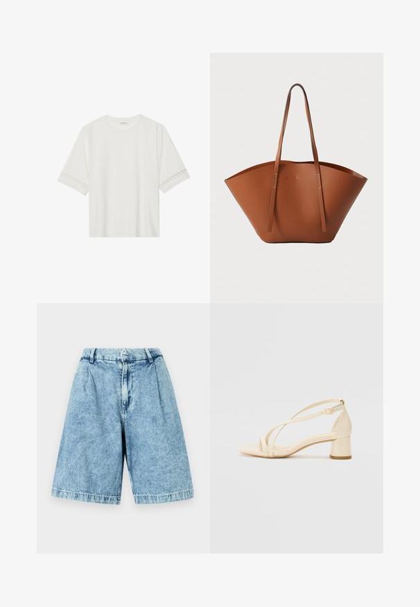 Witte korte mouwen t-shirt van katoen, met een decoratieve kantafwerking langs de mouwen en een ronde halslijn.; Lichtblauwe denim shorts met een relaxte pasvorm, voorzien van een ritssluiting aan de voorkant, riemlussen en een subtiele vervaagde textuur. Afgewerkte randen maken het ontwerp compleet.; Beige hakken sandalen met een blockhak, strappy ontwerp en verstelbare enkelband, gemaakt van glad synthetisch materiaal met een matte afwerking.; Bruine lederen totebag met een brede, gestructureerde vorm, dunne handvatten en een gestructureerde afwerking. Kenmerkt zich door een minimalistisch ontwerp zonder zichtbare hardware.