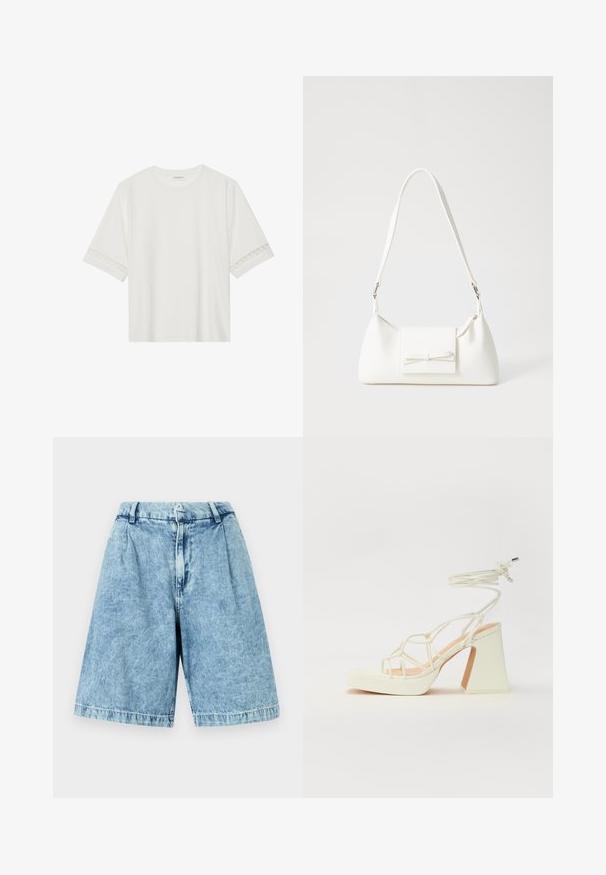 Witte korte mouwen t-shirt van katoen, met een decoratieve kantafwerking langs de mouwen en een ronde halslijn.; Lichtblauwe denim shorts met een relaxte pasvorm, voorzien van een ritssluiting aan de voorkant, riemlussen en een subtiele vervaagde textuur. Afgewerkte randen maken het ontwerp compleet.; Witte hoge hakken sandaal met een chunky hak, met een bandjesontwerp en enkelband. Gladde textuur met een plateau voor extra hoogte.; Witte synthetische handtas met een driehoekige vorm, platte voorklep en strikdetail, verstelbare schouderriem, gladde textuur en minimalistisch ontwerp.