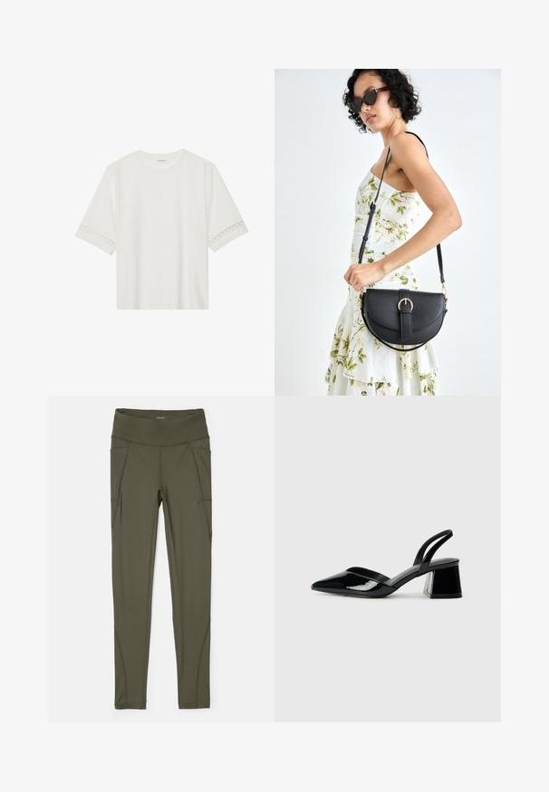 T-shirt blanc à manches courtes en coton, avec des bordures en dentelle décoratives le long des manches et un col rond.; Leggings vert olive fabriqués en tissu extensible, avec une taille haute, des poches latérales et des coutures sans couture pour une apparence lisse.; Escarpins en cuir verni noir avec bout pointu et talon bloc géométrique. Présente un design élégant et minimaliste ainsi qu'une texture lisse.; Sac à main en cuir noir avec une forme courbée, bandoulière amovible et des accessoires en or. Le sac est doté d'un rabat avec un détail de boucle.