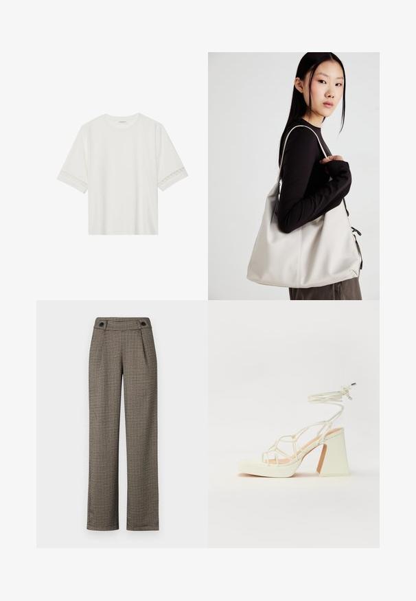 White short-sleeve t-shirt made from cotton, featuring decorative lace trim along the sleeves and a round neckline.; Brown check-patterned trousers with a high waist, featuring side pleats and black button accents. Made from a textured woven fabric.; White high-heeled sandal with a chunky heel, featuring a strappy design and ankle tie. Smooth texture with a platform front for added height.; Beige handbag made of soft material, featuring a slouchy design, stitched detailing, and two shoulder straps. Suitable for everyday use.