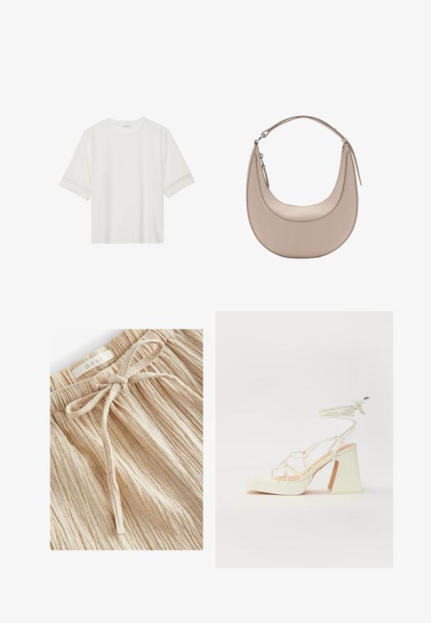Tricou alb cu mânecă scurtă, confecționat din bumbac, cu dantelă decorativă pe marginea mânecilor și un guler rotund.; Pantaloni scurți texturați bej, cu un talie adunată și un detaliu cu legare în față, realizati dintr-un material ușor, cu linii verticale fine.; Sandale albe cu toc înalt și gros, cu un design cu curele și legătură la gleznă. Textură netedă, cu o platformă frontală pentru înălțime suplimentară.; Geantă de umăr din piele bej, cu o formă de semilună, textură netedă și un singur mânere curbat. Dispune de o închidere cu fermoar și cusături bine realizate.
