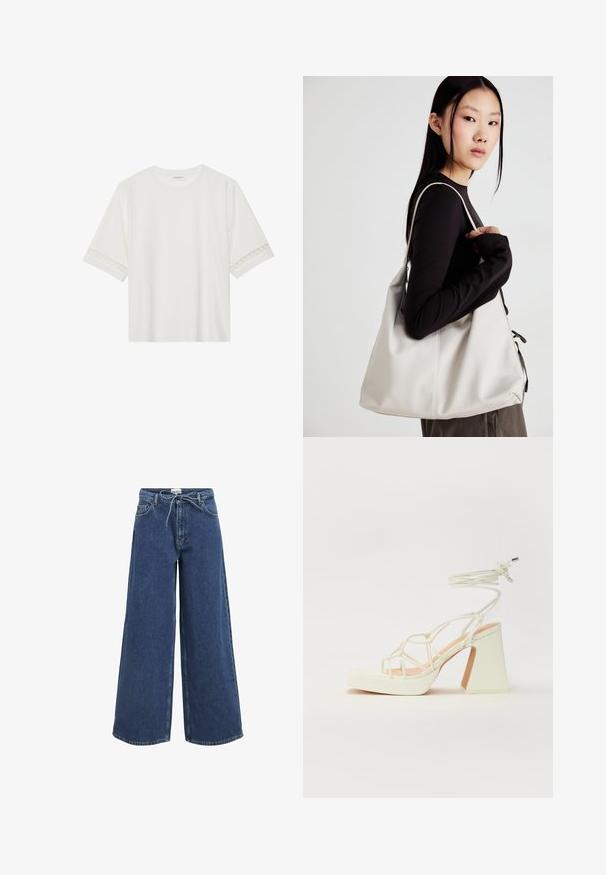 Balta īsām piedurknēm T-kreklu, izgatavotu no kokvilnas, ar dekoratīvu mežģīņu apdari ap piedurknēm un apaļu kakla izgriezumu.; Tumši zili platās kājas džinsi ar aukliņu, priekšējām kabatām un gludu tekstūru. Vienkārša šuvšana apmalēs.; Baltas augstpapēžu sandales ar masīvu papēdi, ar siksnu dizainu un potītes saistītiem elementiem. Gluda tekstūra ar platformu priekšpusē, lai nodrošinātu papildu augstumu.; Bežs rokassoma, izgatavota no mīksta materiāla, ar brīvu dizainu, izšūtu apdari un divām plecu siksnām. Piemērota ikdienas lietošanai.